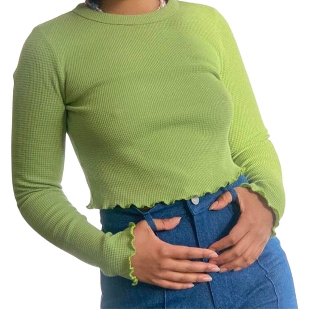 Lisa Says Gah Lola Long Sleeve Green Cropped Thermal Shirt - Picture 2 of 10